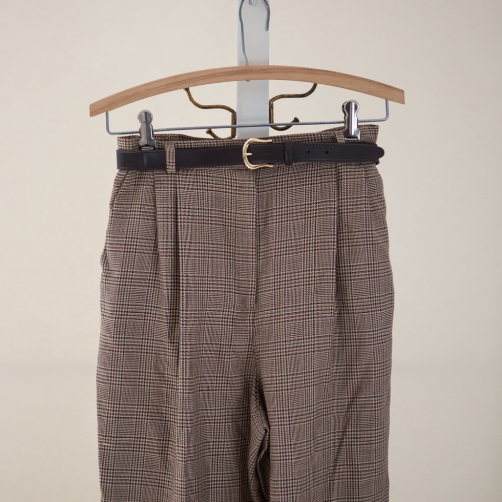Pleated Brown Plaid belted pants